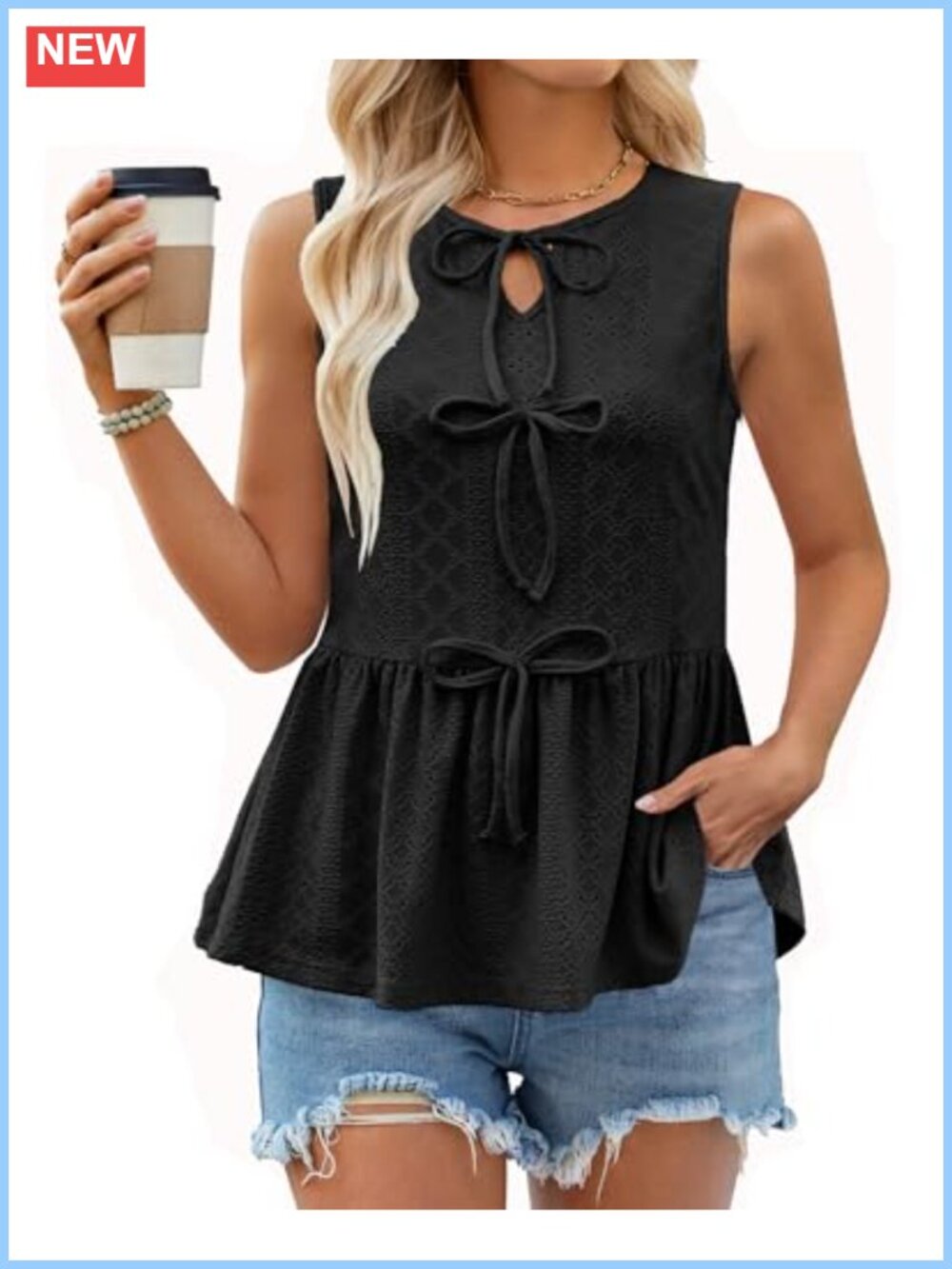 Women Eyelet Peplum Tank Top Sleeveless Babydoll Bow Tie Front Flowy Blouse
